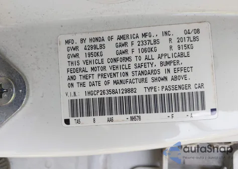 2008 Honda Accord 2.4 Lx from USA, damaged, VIN 1HGCP26358A129882